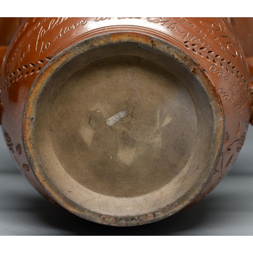 565 - A Derbyshire saltglazed brown stoneware loving cup, Chesterfield, dated 1816, incised JAMES AND HANN... 