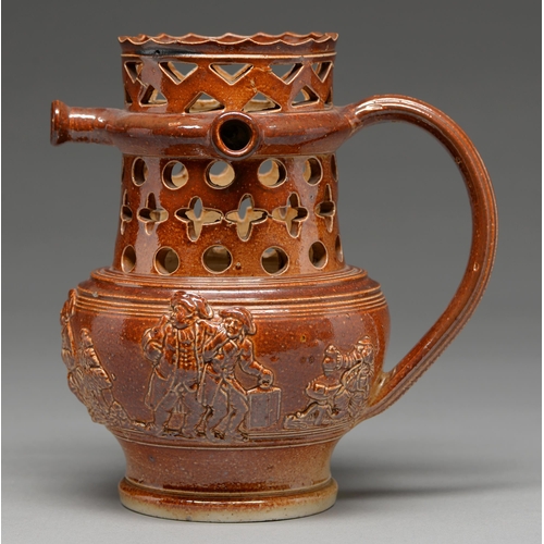 567 - A Derbyshire saltglazed brown stoneware puzzle jug, Chesterfield, c1835, conventionally sprigged wit... 