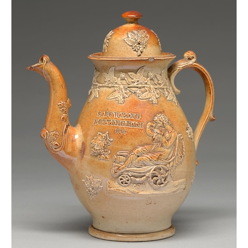 569 - A Midlands saltglazed brown stoneware teapot and cover, dated 1863, impressed in printer's type S BO... 