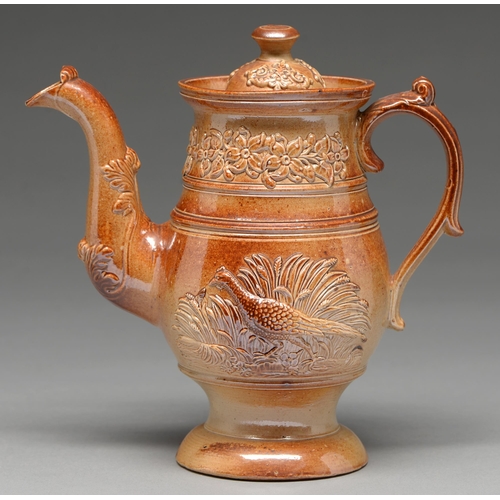 570 - A Derbyshire saltglazed brown stoneware teapot and a cover, probably Chesterfield, mid 19th c, with ... 