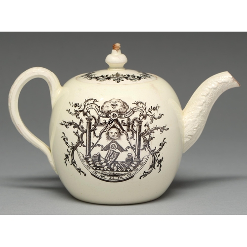 571 - A Wedgwood Queen's ware teapot and cover, c1790, with cabbage leaf spout, transfer printed with maso... 