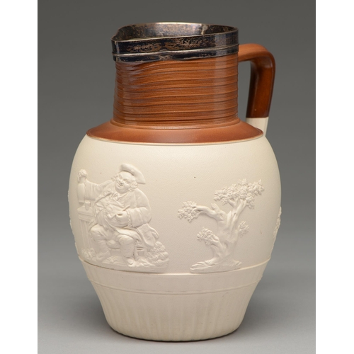 572 - A silver mounted Turner felspathic stoneware jug, c1800, with crisp sprigs of toper and trees betwee... 