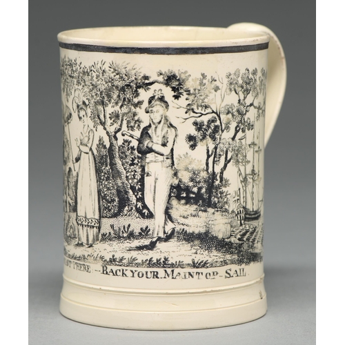 573 - An English creamware mug, c1780, transfer printed in black with a sailor and girl, inscribed Jack on... 