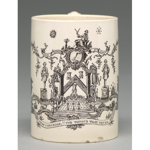 574 - A creamware mug, c1780, transfer printed with masonic emblems and inscribed in black enamel with the... 