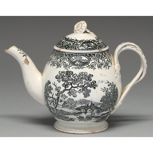 575 - A pearlware teapot and cover, probably Yorkshire, c1800, ovoid with entwined handle and two black tr... 