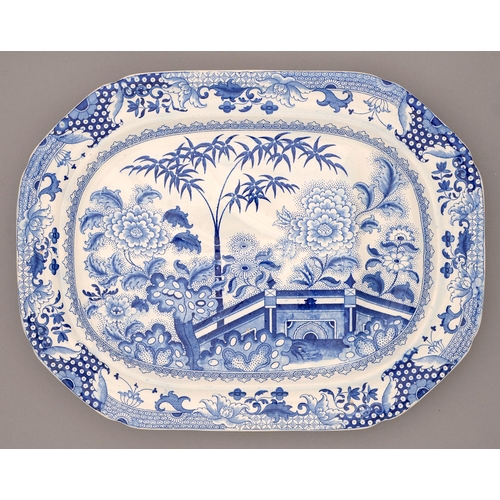 582 - A Davenport blue printed earthenware Bamboo and Peony pattern meat dish, second quarter 19th c, 50cm... 