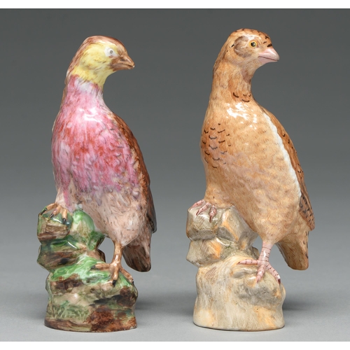 602 - A pair of Berlin porcelain models of quail, late 19th c, on rocks and rustic stump, 15cm h, moulded ... 