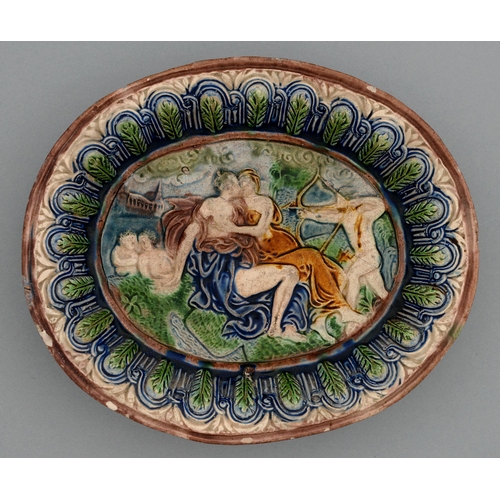 608 - A Palissy ware footed oval dish,19th c, moulded in relief with Venus and Adonis, the everted and man... 