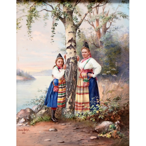 611 - A Continental porcelain plaque, 1893, painted by Franz Helzel, signed and dated, with two Swedish gi... 