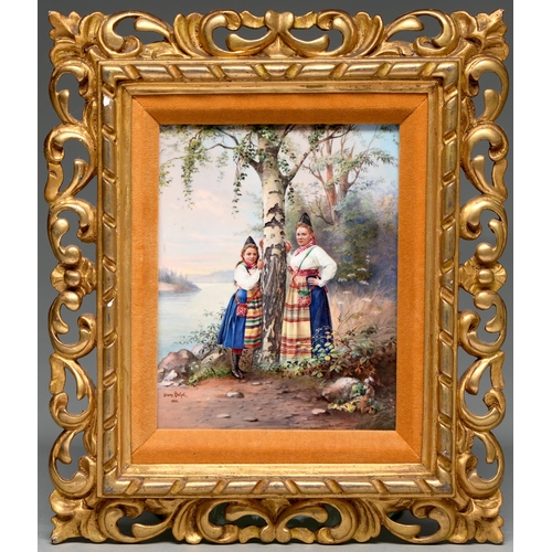 611 - A Continental porcelain plaque, 1893, painted by Franz Helzel, signed and dated, with two Swedish gi... 