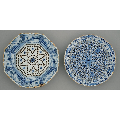 612 - Two Dutch Delftware colanders or cress dishes, 18th c, the octagonal example painted with border pan... 