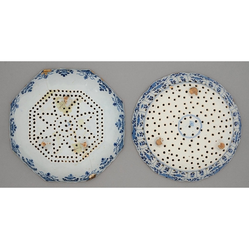 612 - Two Dutch Delftware colanders or cress dishes, 18th c, the octagonal example painted with border pan... 