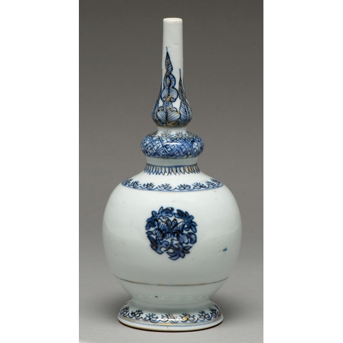 63 - A Chinese blue and white rosewater sprinkler, 18th c or later, painted in a dark, inky blue with rou... 