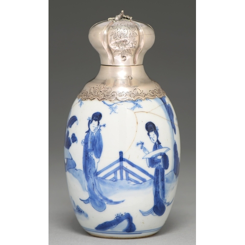 65 - A Chinese blue and white vase, Kangxi period, ovoid, painted with three women in a continuous landsc... 