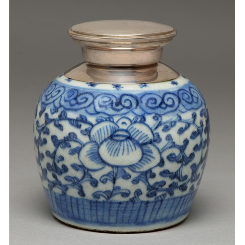 67 - A Chinese blue and white jar, 19th c, painted with shou character and flowers, later silver mount an... 