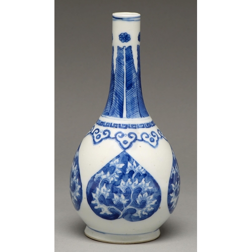 68 - A Chinese blue and white vase, 19th c, painted with blue ground heart shaped reserves of foliage ben... 