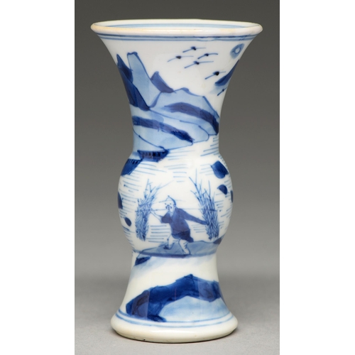 70 - A Chinese blue and white beaker vase, 19th c, painted with a fisherman in a landscape, 11.5cm h, art... 