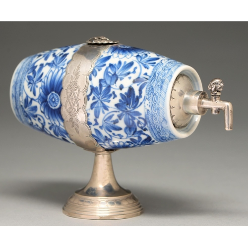 71 - A pair of Chinese blue and white beakers later adapted as a brandy barrel, 19th c, with silver mount... 