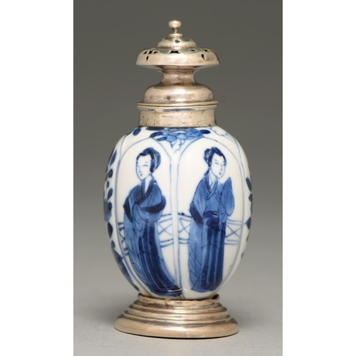 73 - A Chinese moulded blue and white miniature vase, 18th c, painted with a lady alternating with flower... 