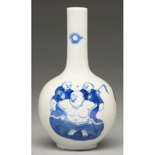 76 - A Chinese blue and white miniature vase, 19th c, painted with Budai, 12cm h, Kangxi mark... 