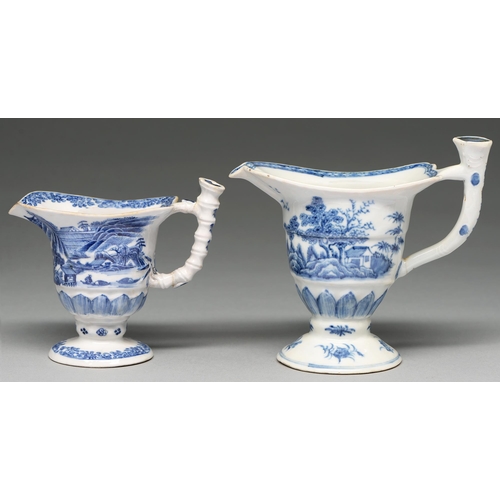 78 - Two Chinese blue and white jugs, late 18th c, painted with landscapes, one with bamboo shaped handle... 