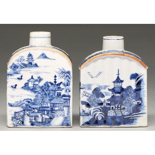 80 - Two Chinese blue and white tea caddies, late 18th c, of arched and corrugated form, painted with lan... 