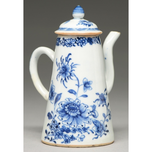 81 - A Chinese blue and white coffee pot and cover, 18th c, of side-handled conical form, painted with fl... 