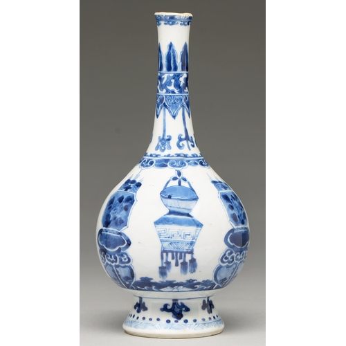 85 - A Chinese blue and white vase, 19th c, in Kangxi style, painted with dragons and cords and hanging v... 