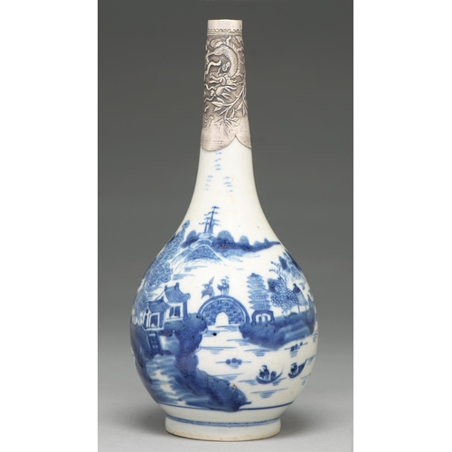 87 - A Chinese blue and white vase, 19th c, painted with a landscape with figures on an arched bridge and... 