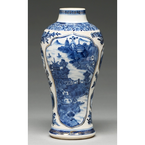 88 - A Chinese blue and white baluster vase, late 18th c, painted with landscapes in six slightly raised ... 