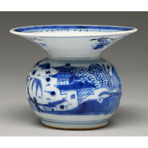 89 - A Chinese blue and white spittoon, 19th c, painted with river islands and 'cannonballs', 90mm h... 