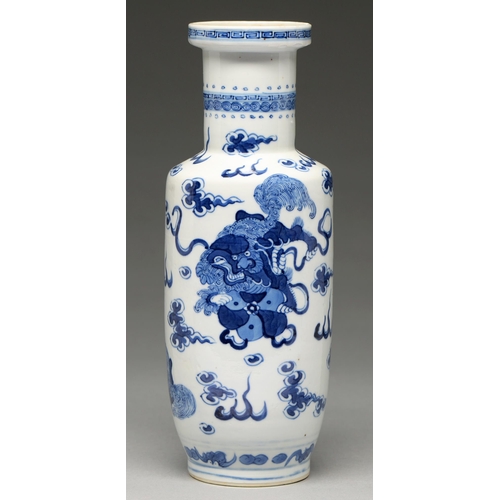 90 - A Chinese blue and white rouleau vase, late 19th c, painted with dogs of Fo and bats beneath diaper ... 