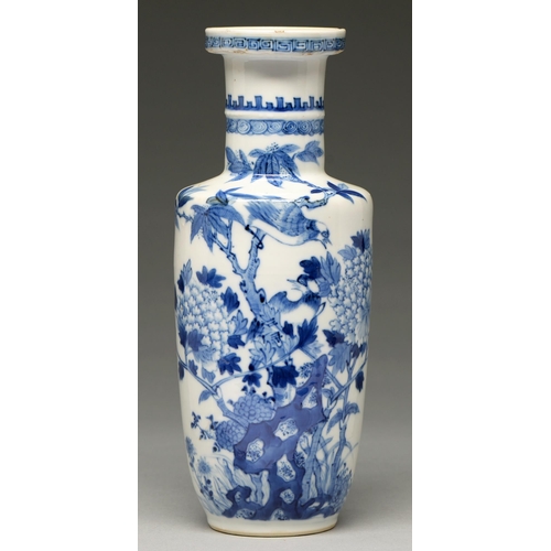 91 - A Chinese blue and white rouleau vase, late 19th c, painted with birds in the branches of a tree peo... 