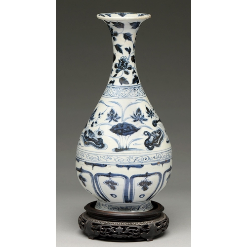 98 - A Chinese blue and white vase, Yuan dynasty, painted with waterfowl and plants between scroll and di... 