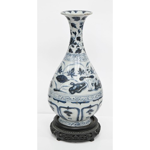 98 - A Chinese blue and white vase, Yuan dynasty, painted with waterfowl and plants between scroll and di... 