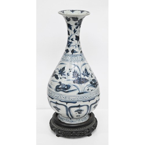 98 - A Chinese blue and white vase, Yuan dynasty, painted with waterfowl and plants between scroll and di... 