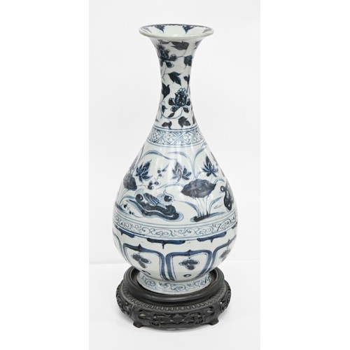 98 - A Chinese blue and white vase, Yuan dynasty, painted with waterfowl and plants between scroll and di... 