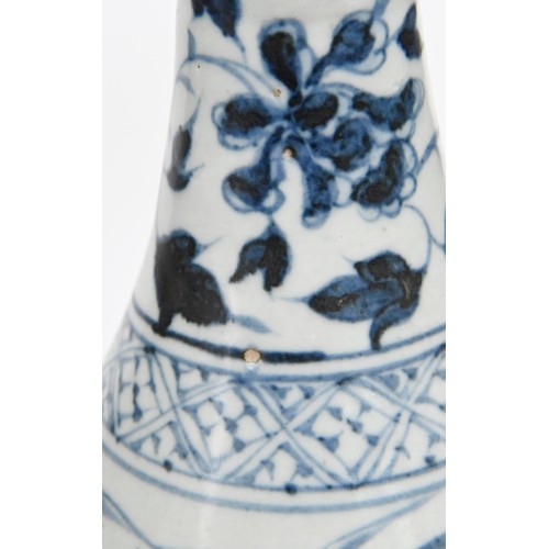 98 - A Chinese blue and white vase, Yuan dynasty, painted with waterfowl and plants between scroll and di... 