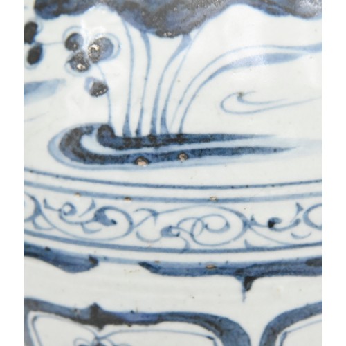 98 - A Chinese blue and white vase, Yuan dynasty, painted with waterfowl and plants between scroll and di... 