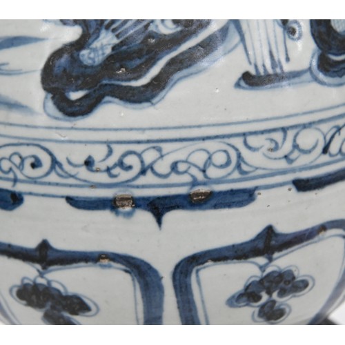 98 - A Chinese blue and white vase, Yuan dynasty, painted with waterfowl and plants between scroll and di... 