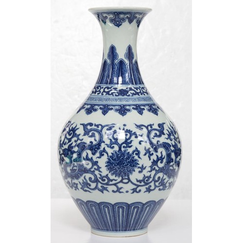 105 - A Chinese blue and white vase, 19th c, the ovoid body tapered towards the foot, painted to imitate '... 