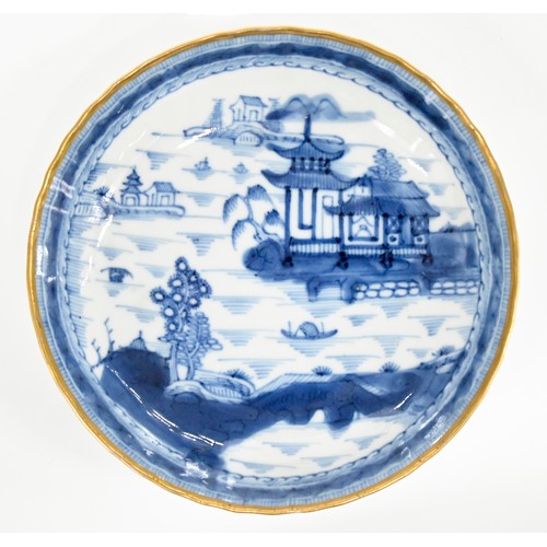 113 - Thirteen pieces of Chinese blue and white export porcelain teaware with European gilt decoration, la... 