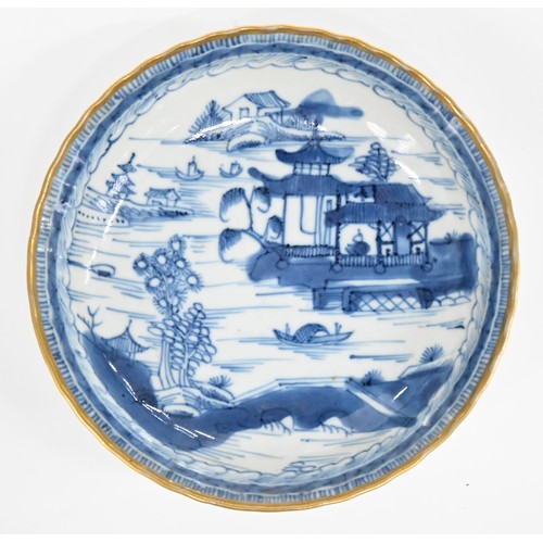 113 - Thirteen pieces of Chinese blue and white export porcelain teaware with European gilt decoration, la... 