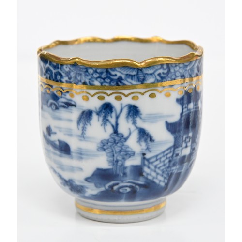 113 - Thirteen pieces of Chinese blue and white export porcelain teaware with European gilt decoration, la... 