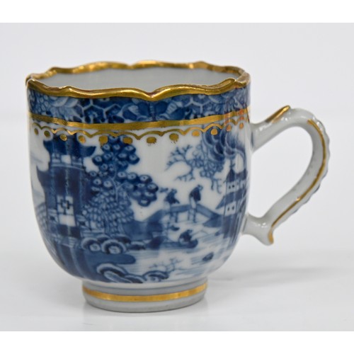 113 - Thirteen pieces of Chinese blue and white export porcelain teaware with European gilt decoration, la... 