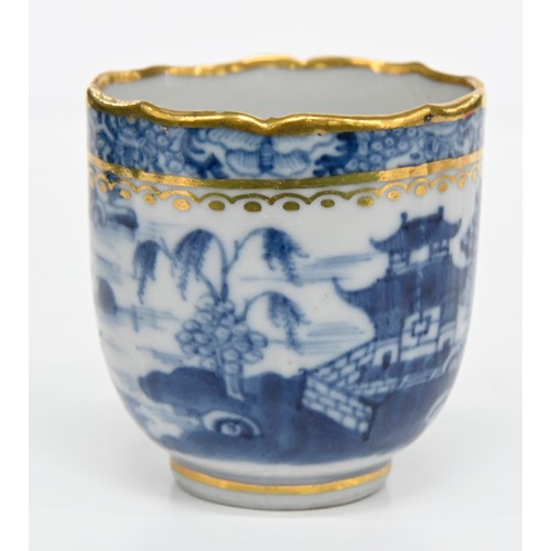 113 - Thirteen pieces of Chinese blue and white export porcelain teaware with European gilt decoration, la... 