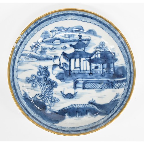 113 - Thirteen pieces of Chinese blue and white export porcelain teaware with European gilt decoration, la... 