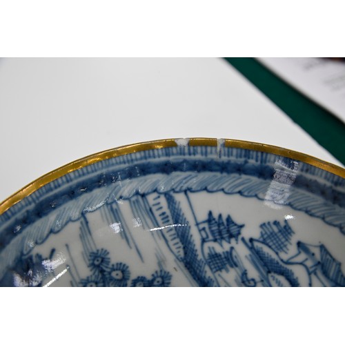 113 - Thirteen pieces of Chinese blue and white export porcelain teaware with European gilt decoration, la... 