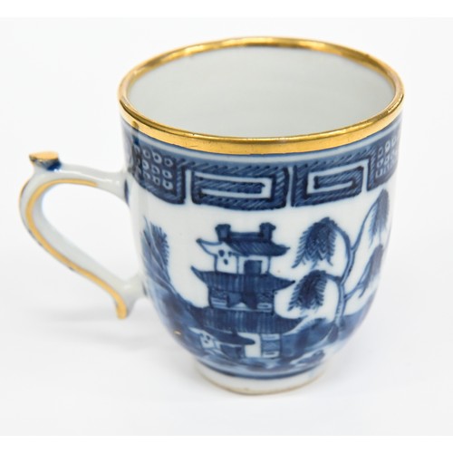 113 - Thirteen pieces of Chinese blue and white export porcelain teaware with European gilt decoration, la... 