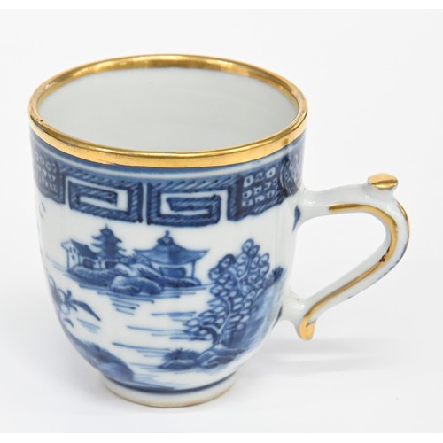 113 - Thirteen pieces of Chinese blue and white export porcelain teaware with European gilt decoration, la... 